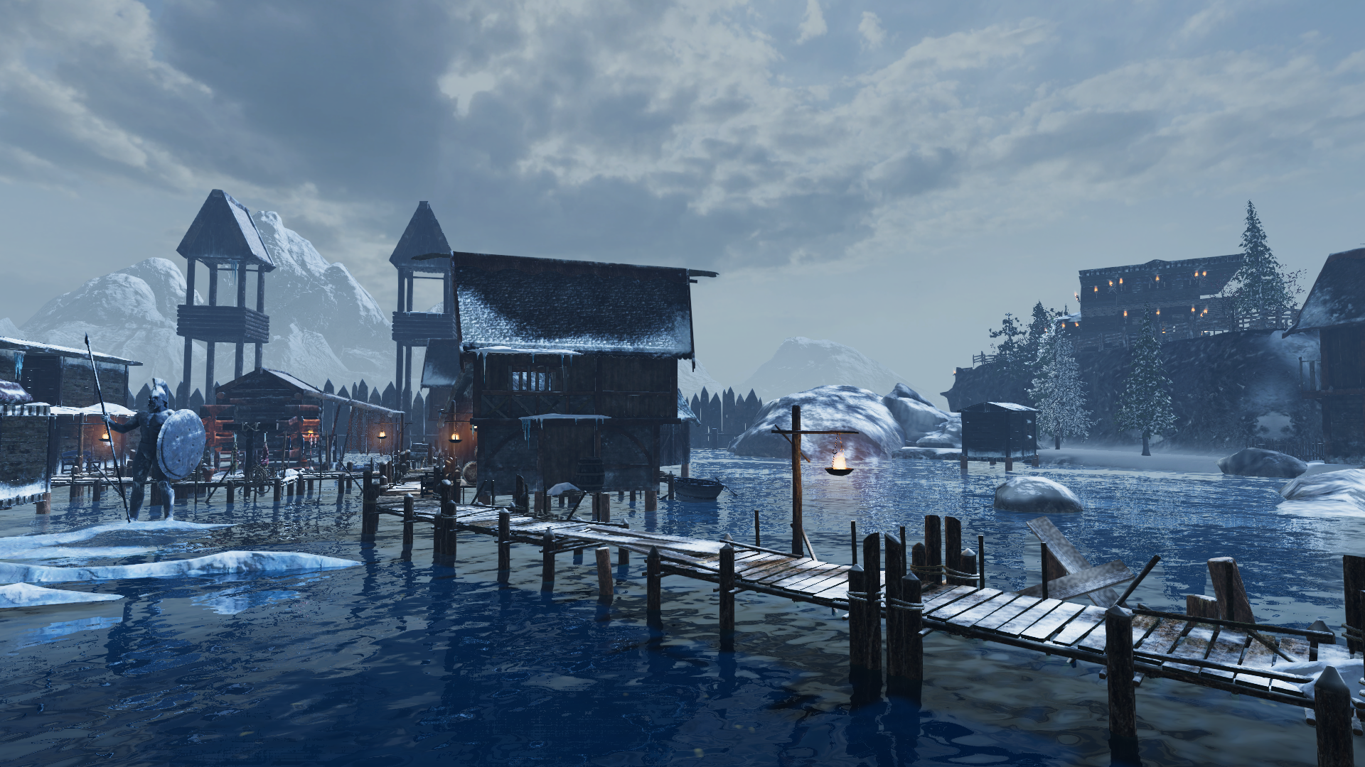 A harbor port in north VulcanVerse with icy rickety boardwalks in this MMORPG blockchain game