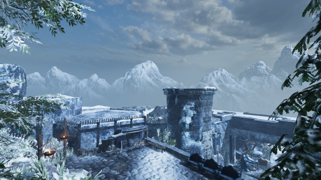 View of distant mountains from the Fortress of the Wind in VulcanVerse, an MMORPG blockchain game.