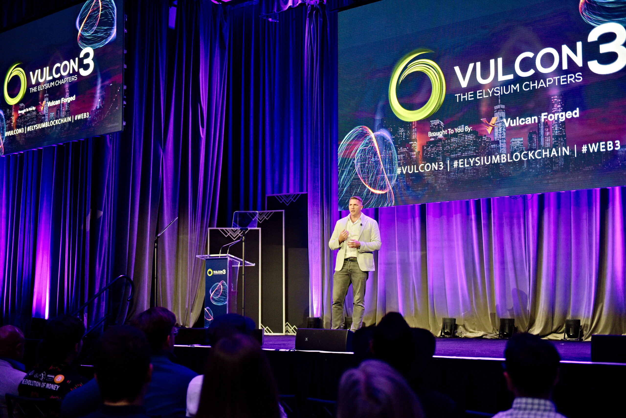 Jamie Thomson, CEO of Vulcan Forged on stage at the Ziegfeld Ballroom, New York, for VulCon3 in 2023.