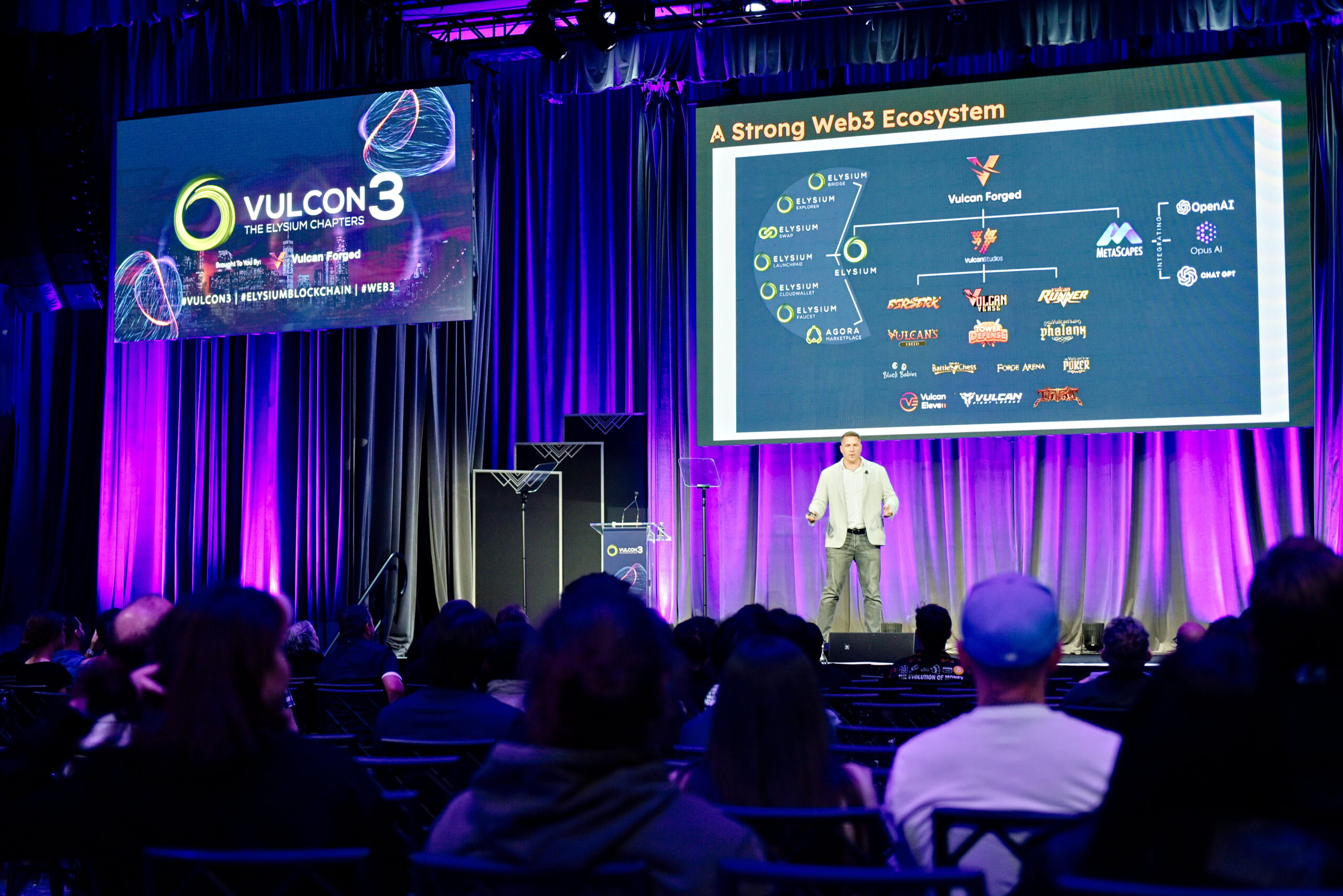 Jamie Thomson, CEO of Vulcan Forged on stage at VulCon3 in New York City, May 2023.