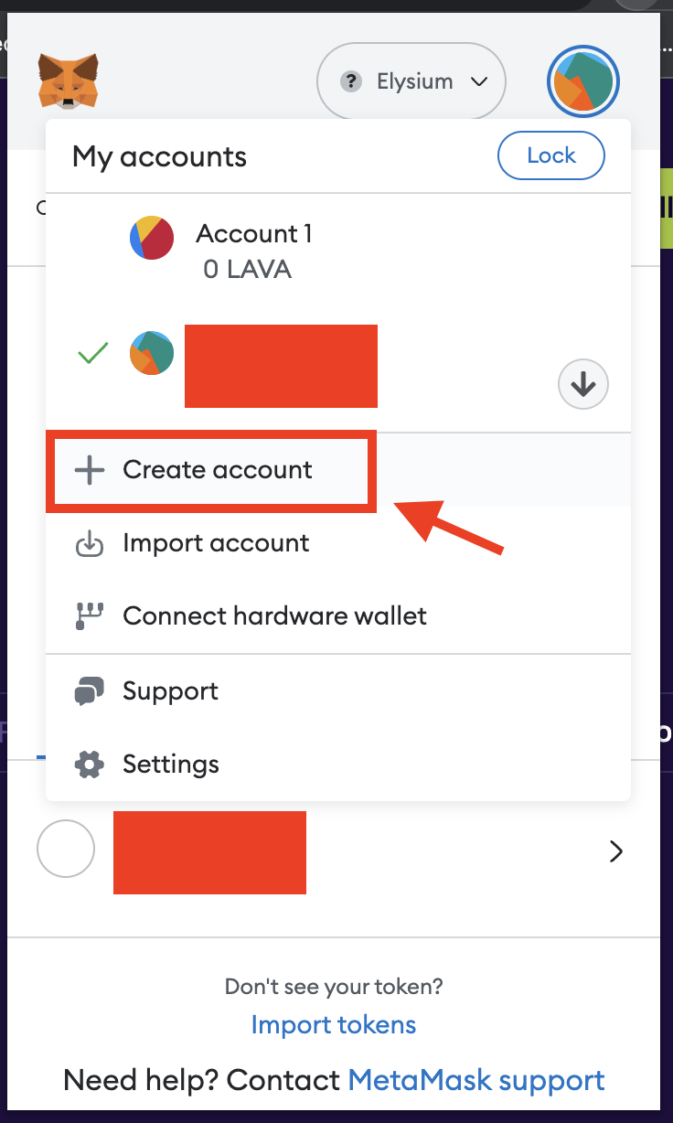 A Metamask screenshot showing where to click to create a account