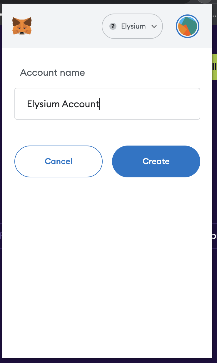 A Metamask screenshot showing how to name a new account