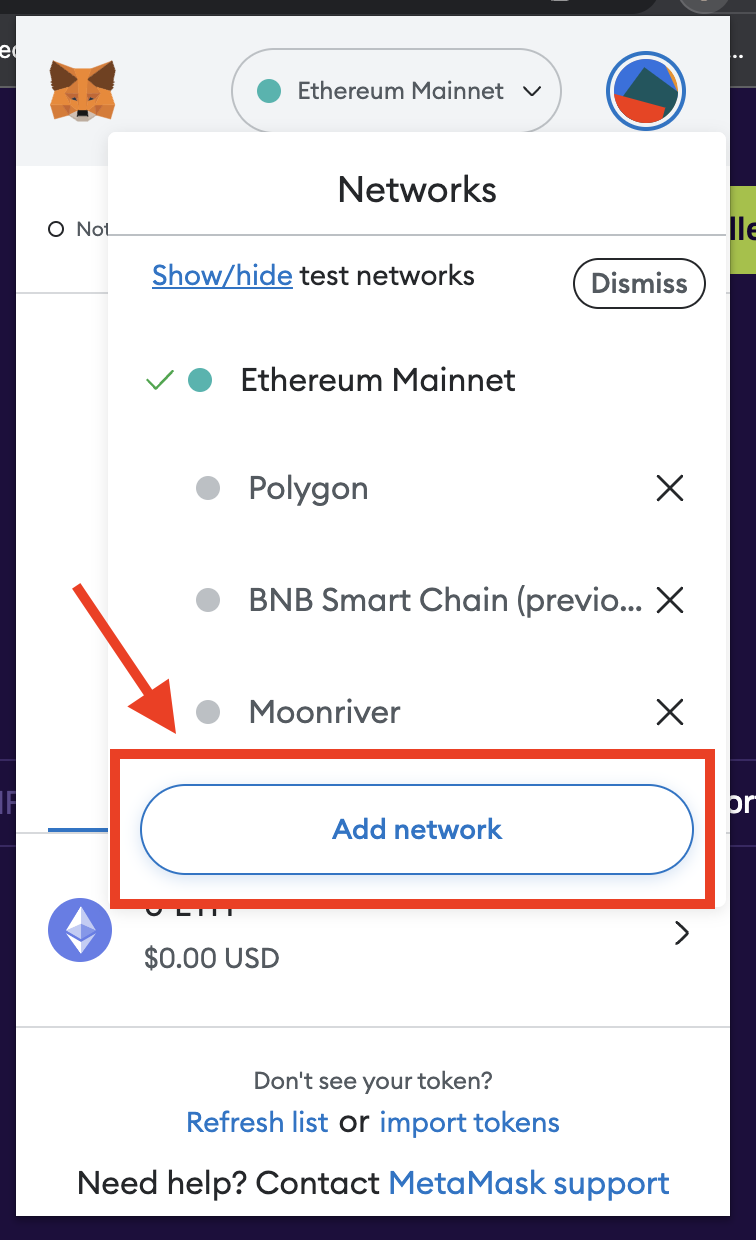 A Metamask screenshot showing where to click to add a new network