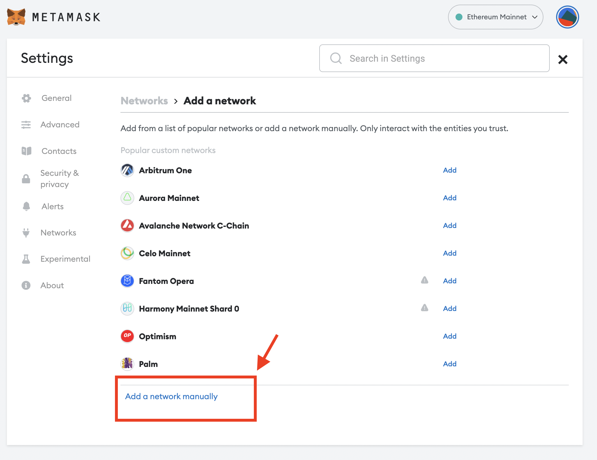 A Metamask screenshot showing where to click to add a new network manually