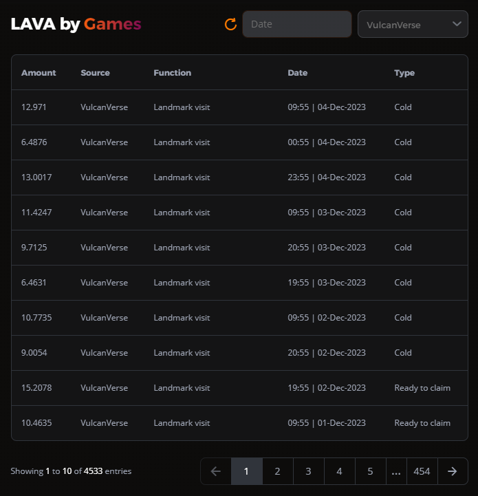 An image of the Vulcan Studios' MyForge wallet dashboard displaying the amount of LAVA token earned through each function in the game.